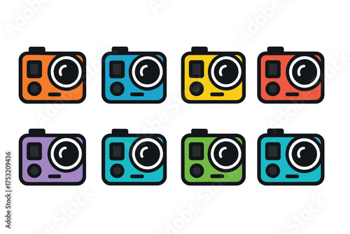 Colorful flat design cameras set in various styles and colors