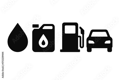 Fuel and transport icons: oil drop, gas can, pump, car silhouettes