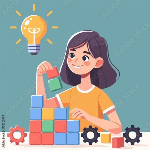 Flat illustration of a smart young girl with brilliant ideas putting together a colorful block puzzle