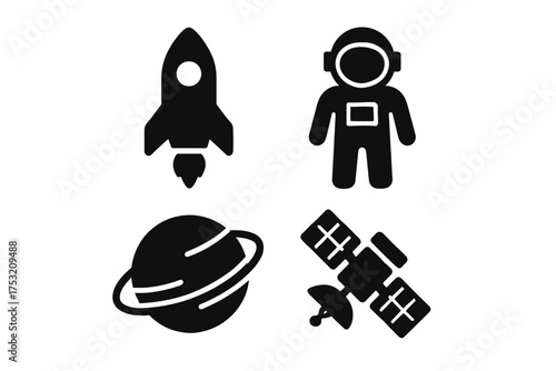 Space icon set: rocket, astronaut, planet, satellite in black silhouette