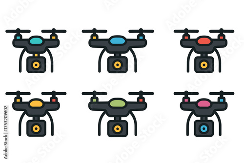 Colorful drone icons – set of six compact multicopters in assorted designs
