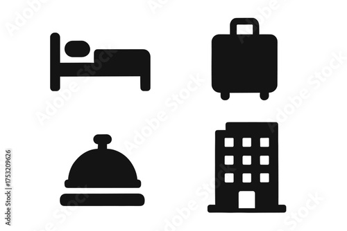 Hotel and travel icons: bed, suitcase, bell, building silhouettes