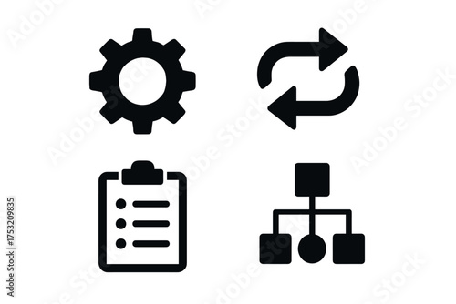 Gear, refresh, checklist, flowchart icons: simplified black design set