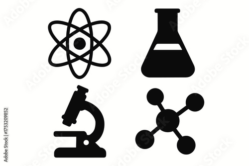 Black scientific icons: atom, flask, microscope, and molecule symbols on white