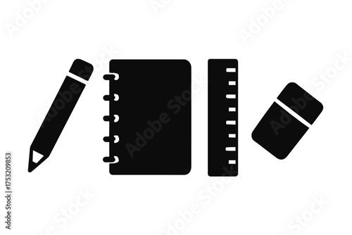 Silhouette of stationery: pencil, notebook, ruler, eraser on white background