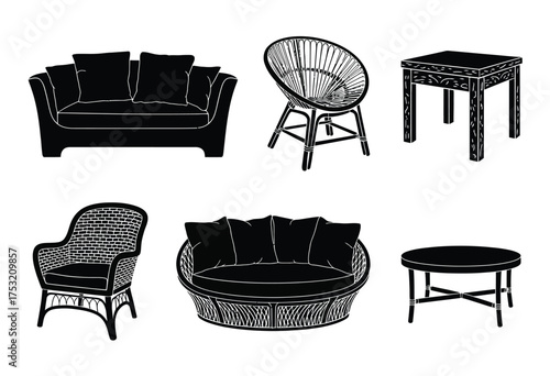 Vector illustration set featuring various black furniture pieces for interior design projects silhouette vector illustration white background