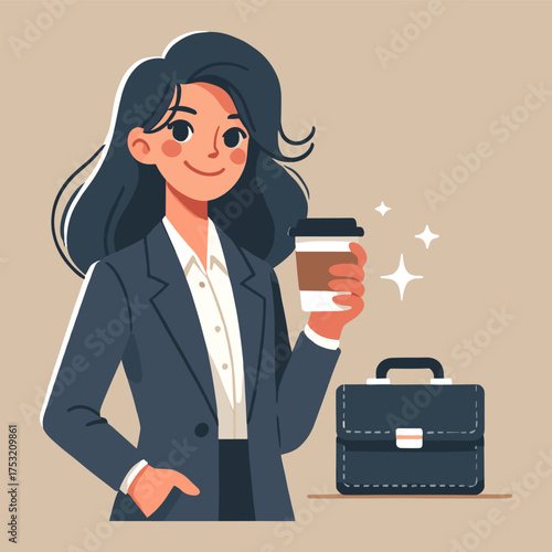 Flat Illustration of Cheerful Businesswoman Holding Coffee with Dark Blazer and Briefcase