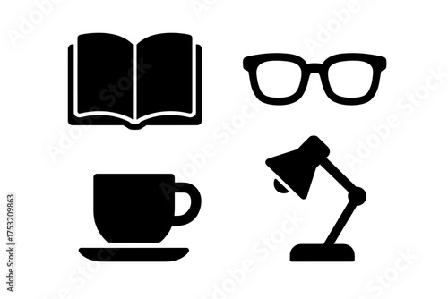 Collection of icons: open book, glasses, coffee cup, desk lamp in black silhouette