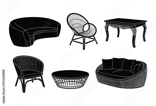 Scalable vector illustration set of various furniture pieces for interior design projects silhouette vector illustration white background