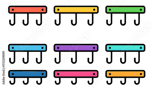 Colorful wall-mounted hooks set with multiple designs and bright colors