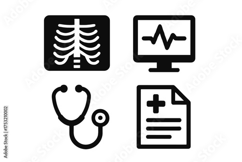 Medical equipment icons: x-ray, monitor, stethoscope, medical report