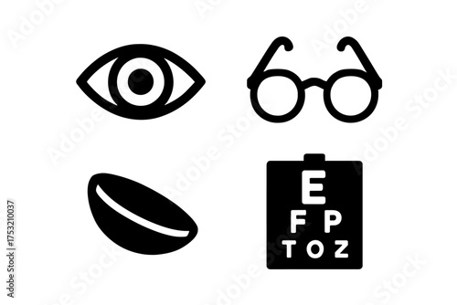 Optometry symbols: eye, glasses, contact lens, eye chart icons