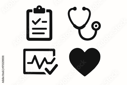 Medical icons set: heart, stethoscope, checklists, ekg symbols for healthcare