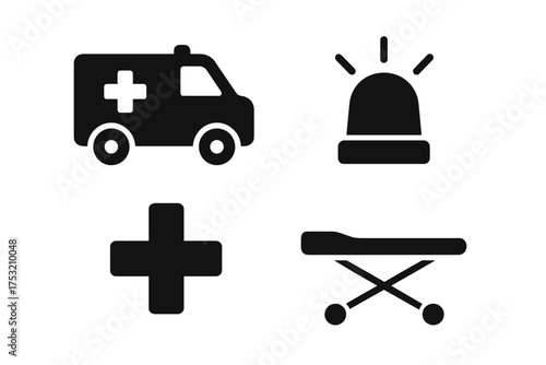 Ambulance and emergency medical icons set: vehicle, siren, cross, stretcher symbols