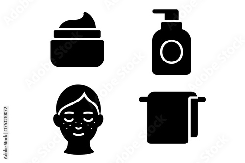 Skincare routine icons: cream, bottle, female face, and towel silhouettes
