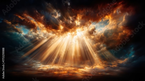 A breathtaking display of clouds illuminated by radiant rays of sunlight breaking through, creating a dramatic and uplifting atmosphere in the sky.