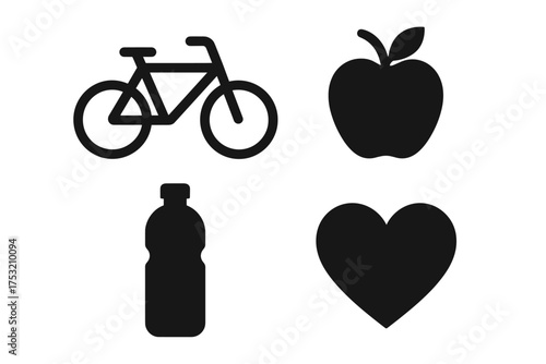 Bicycle apple water bottle heart icons for healthy lifestyle