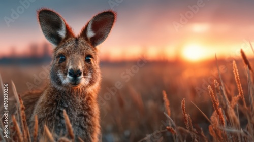 A delightful kangaroo with a friendly expression, set against a stunning sunset backdrop, capturing the essence of wildlife in a serene landscape of grass and warmth.