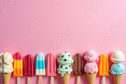 Colorful assortment of ice cream cones and popsicles on pink background