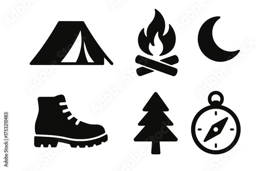 Camping symbols: tent, campfire, moon, hiking boot, tree, compass icons