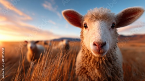 A curious sheep approaches the camera in a grassy meadow, showcasing its fluffy coat and innocent expression amidst a serene natural landscape.