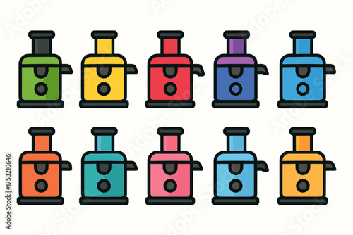 Colorful cartoon kitchen juicers in various colors and styles