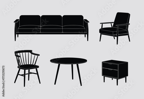 Modern minimal vector illustration set of furniture including sofa armchair chair round table and nightstand silhouette vector illustration white background