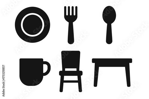 Silhouette of dishware and furniture icons in black