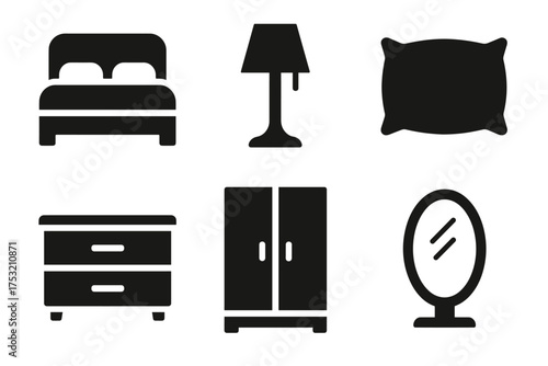 Set of black silhouette bedroom furniture icons: bed, lamp, pillow, dresser, wardrobe, mirror