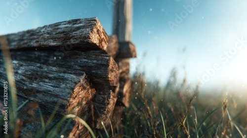 An inviting image capturing neatly stacked wooden logs in a sunlit field, symbolizing nature's rustic beauty and warmth, perfect for outdoor or cabin-inspired themes.