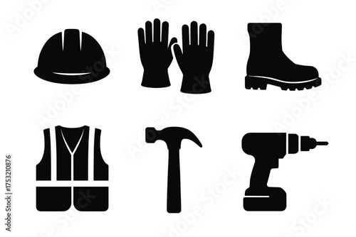 Construction tools and safety gear icons: helmet, gloves, boots, vest, hammer, drill