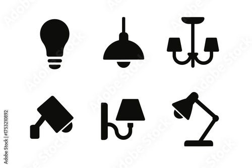 Collection of black silhouette icons of various lamps and light fixtures