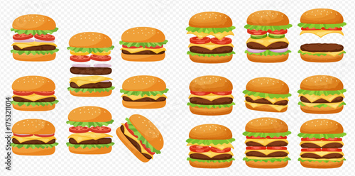 Illustration of various burgers with different toppings and arrangements on a transparent background.
