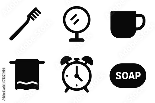 Essential bathroom icons: toothbrush, mirror, mug, towel, alarm clock, soap