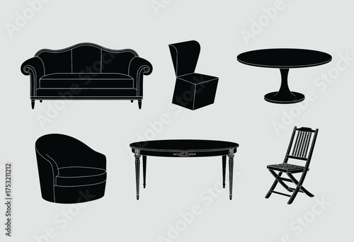 Scalable vector graphics illustration of various furniture silhouettes for interior design and decor applications silhouette vector illustration white background