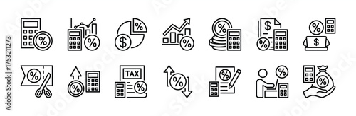 Tax calculation icon set. Financial document, count money, form, reports, payment, data analysis, income, amnesty, discount, currency, salary, chart up, accounting, refund - vector illustration