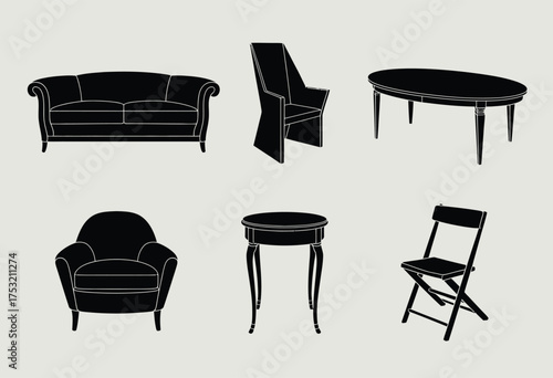 Sleek black vector furniture collection scalable eps icon set for interior design silhouette vector illustration white background