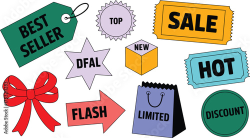 Colorful Shopping Promotion Icons Sale, Discount, Best Seller, New, Limited, Hot, and Flash