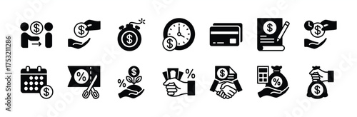 Credit card icon set. Contains loan, deadline, financing, calculation, lender, time limit, money contract agreement, timetable, refund calendar schedule, interest fund reduction - vector illustration