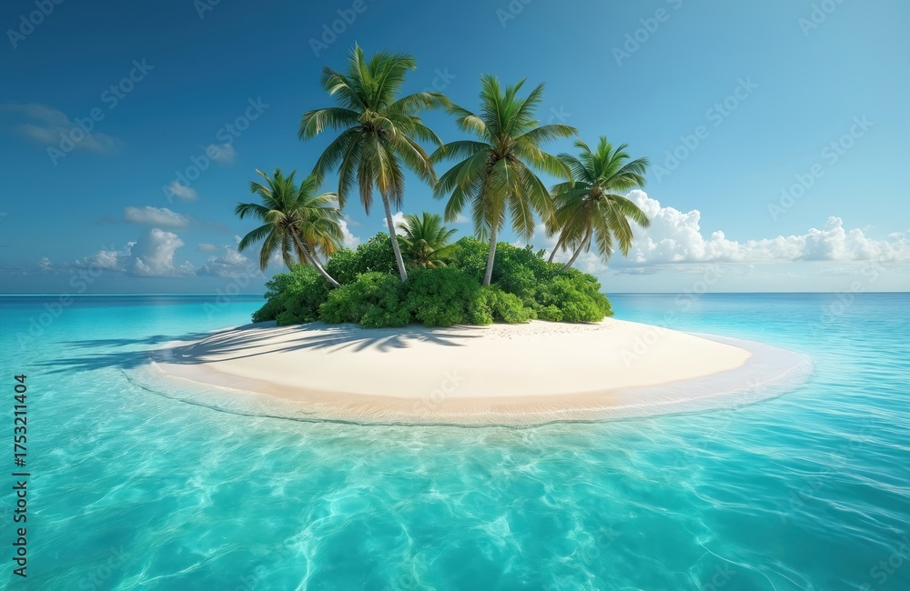 Obraz premium Small tropical island with white sand beach, many palm trees stands in clear turquoise ocean water. Blue sky with clouds over pristine eco paradise scene. Perfect summer vacation travel destination