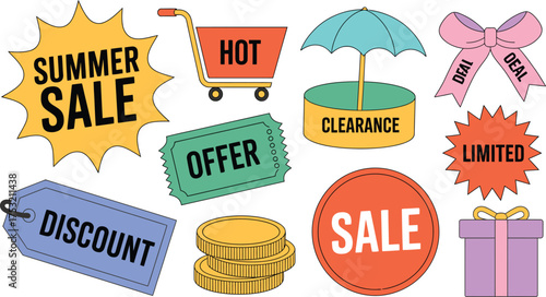 Colorful Summer Sale, Discount, Offer and Clearance Shopping Icons with Gift and Coins