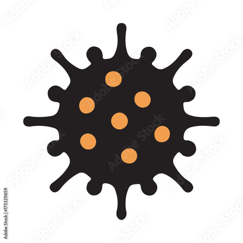Stylized illustration of a black virus with orange dots and spikes