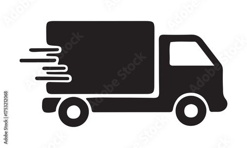Black silhouette of a delivery truck in motion with speed lines