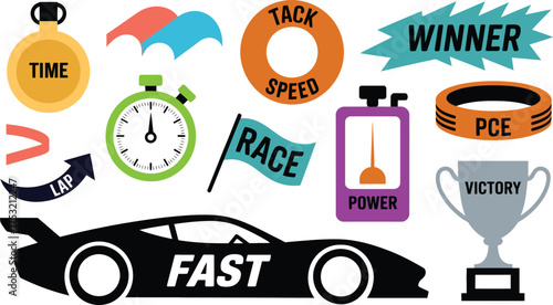 Racing Icons Car, Trophy, Stopwatch, Race Flag, Winner Sign, Lap Arrow, and More Flat Design