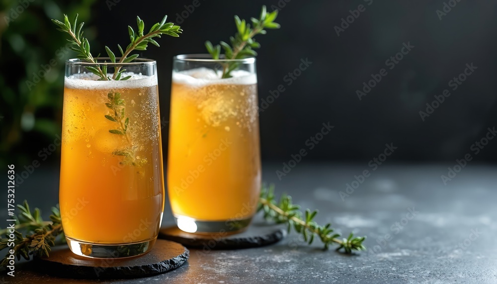 Fototapeta premium Two tall glasses of refreshing golden bubbly drink with fresh herb garnish sit on dark stone coasters. Carbonated beverage shows small bubbles, suggesting kombucha craft mocktail. Studio shot with