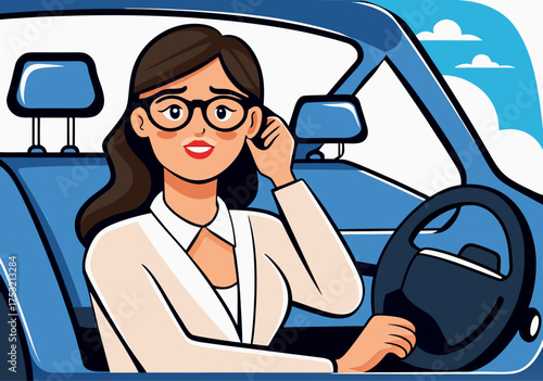 Worried Businesswoman in Car Interior Adjusting Eyeglasses