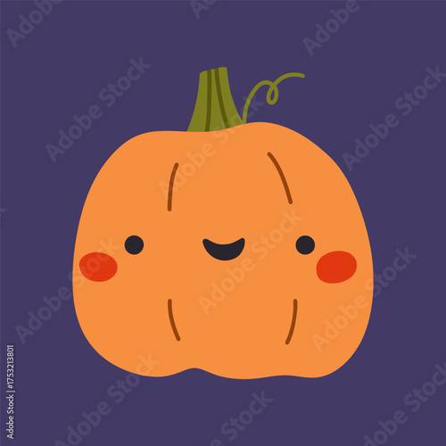 Cute and funny pumpkin isolated on a purple background. Vector hand-drawn illustration in a flat style. Kawaii character. Perfect for cards, decorations, logo and Halloween designs.
