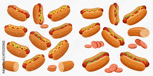 Illustration of hot dogs with mustard and ketchup, and sliced sausages.