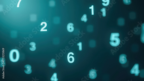 Digital numbers floating in dark background create futuristic atmosphere, representing technology and data visualization