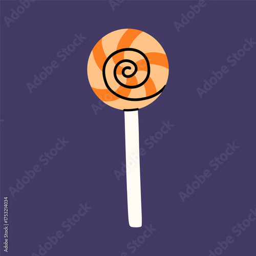 Halloween lollipop on a purple background. Vector hand-drawn illustration in a flat style. Perfect for cards, decorations, logo and holiday designs.